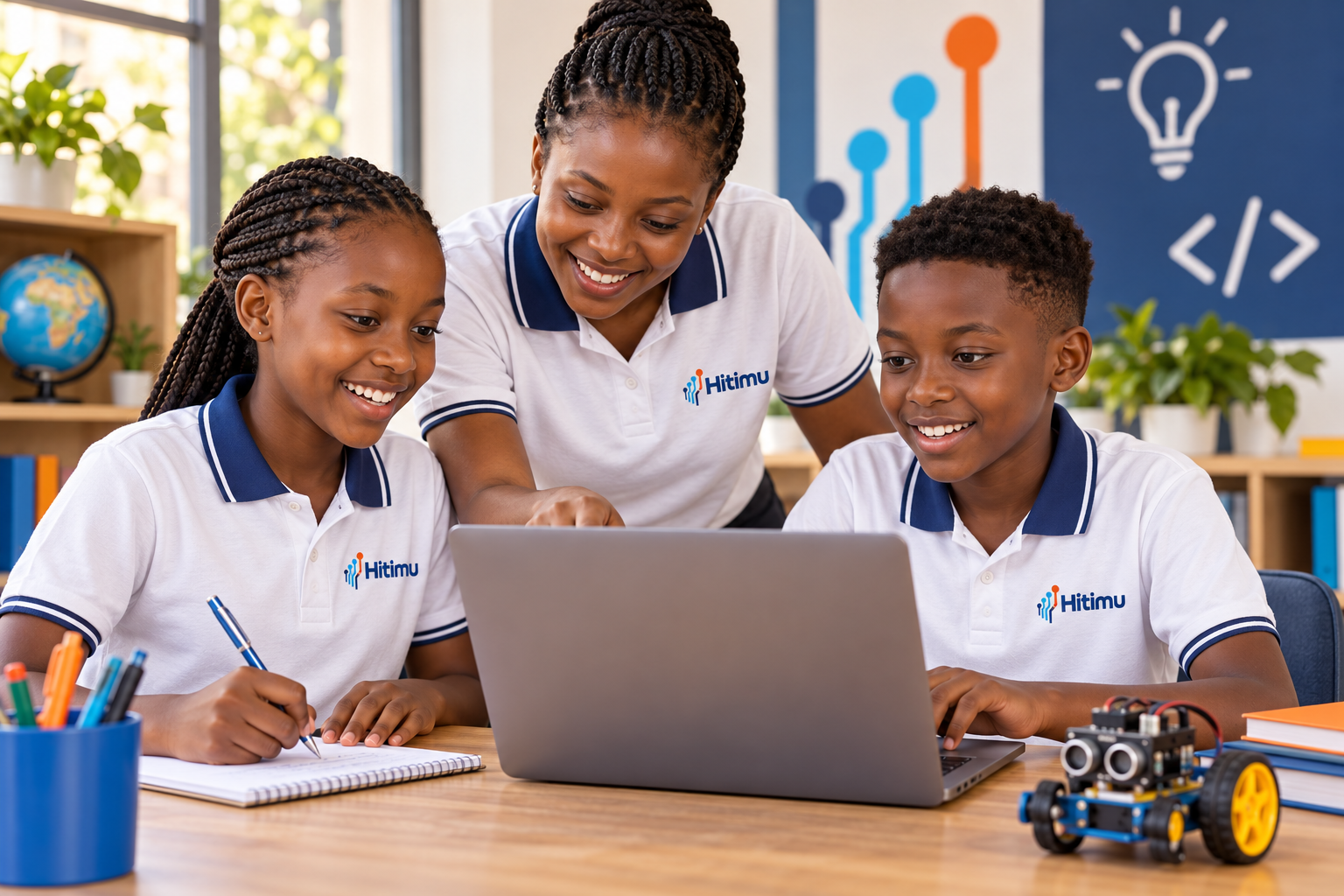 Children and an instructor in Hitimu shirts exploring coding together
