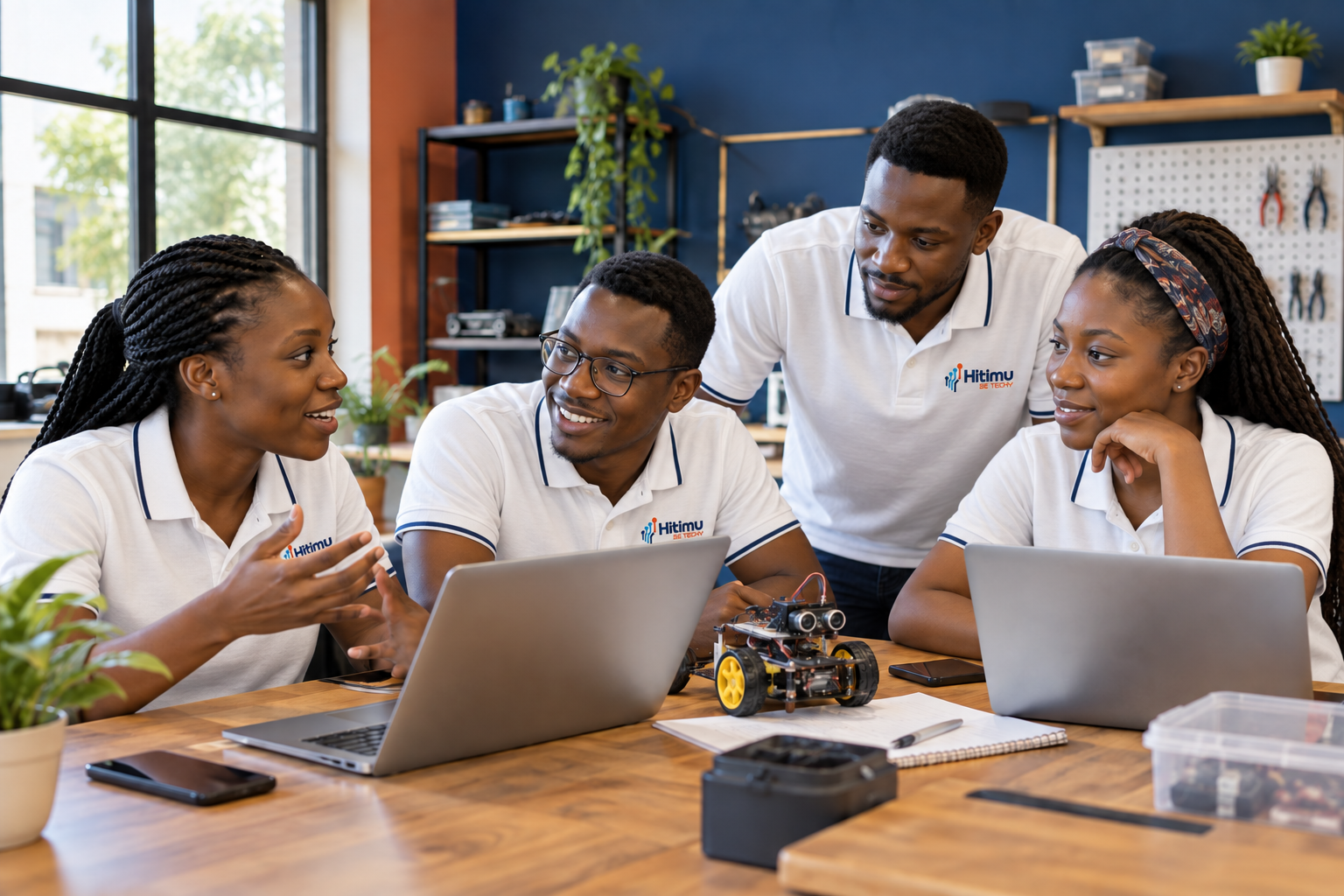 A group in Hitimu polo shirts sharing ideas around a robotics project