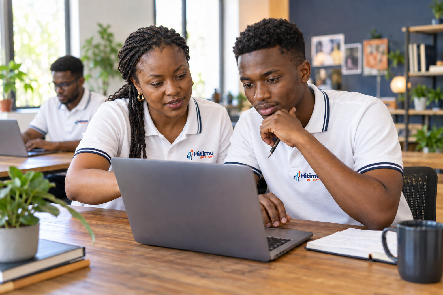 A Hitimu instructor guiding a learner through a laptop project